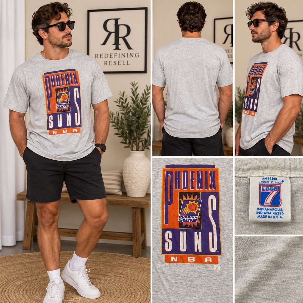 Vintage Logo 7 Phoenix Suns NBA T-Shirt Grey Heather Made in USA XL Men